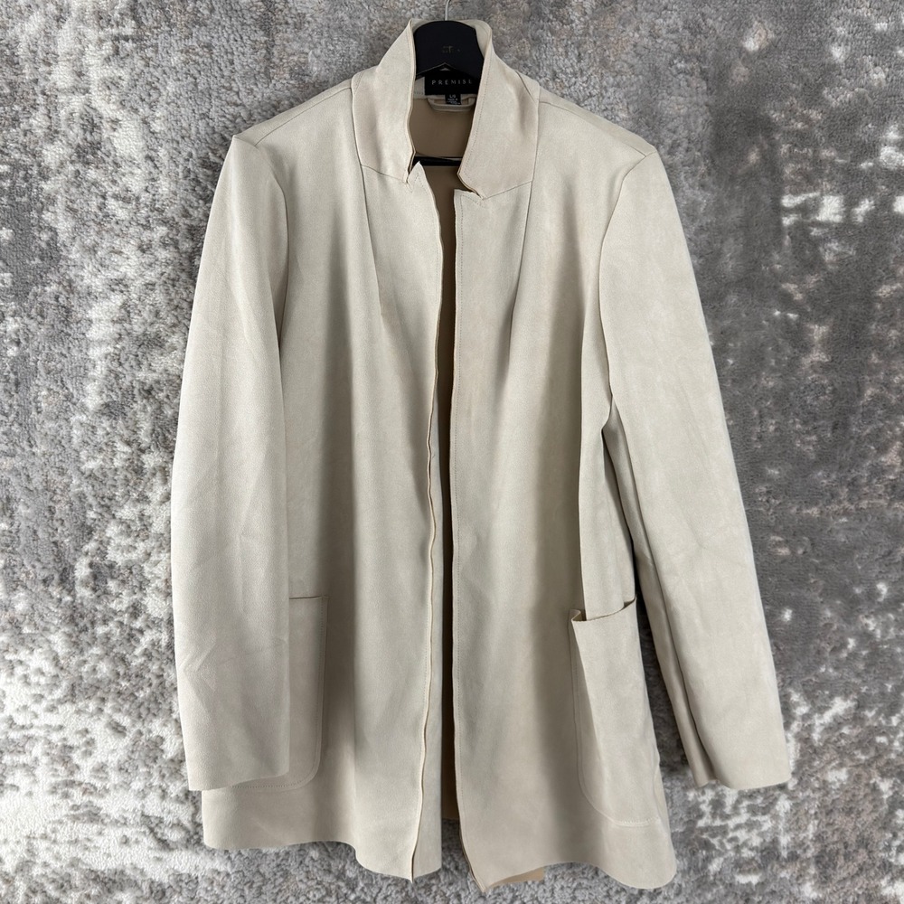 Premise Sz L Faux Leather Suede Open Front Topper Jacket Beige Long Sleeve Women